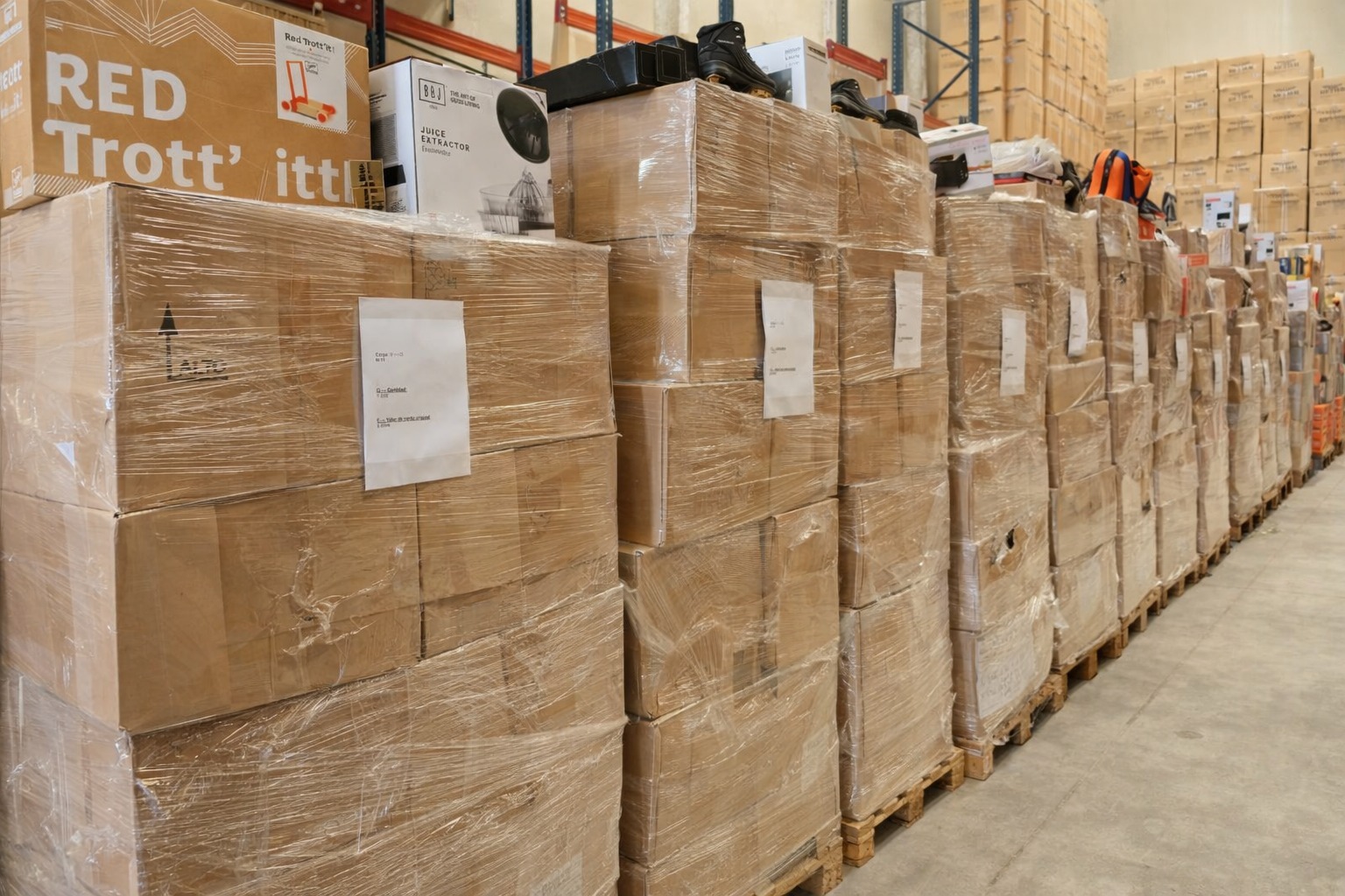 Pasillo de almacén con lotes de bazar preparados